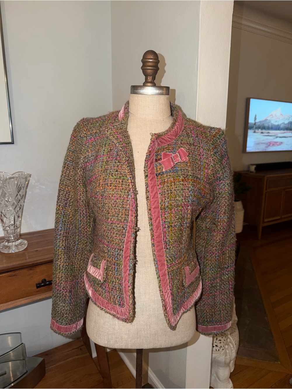 Y2k Rachel Multicolor Wool Blend Tweed Jacket with Pink Trim